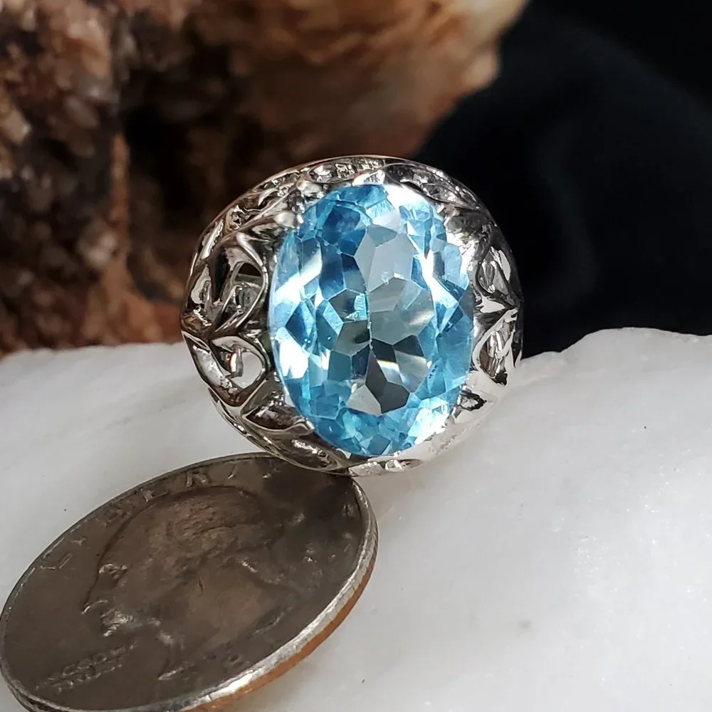 Big Silver Ring 925 Sterling Large Genuine Blue Topaz Gemstone Gift for Lady